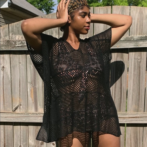 Short Sleeve Black Fishnet Swimsuit Coverup - Picture 2 of 4